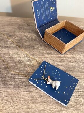 Camp Hollow White Rabbit Necklace Porcelain Hand Painted 24K Gold Plate Chain